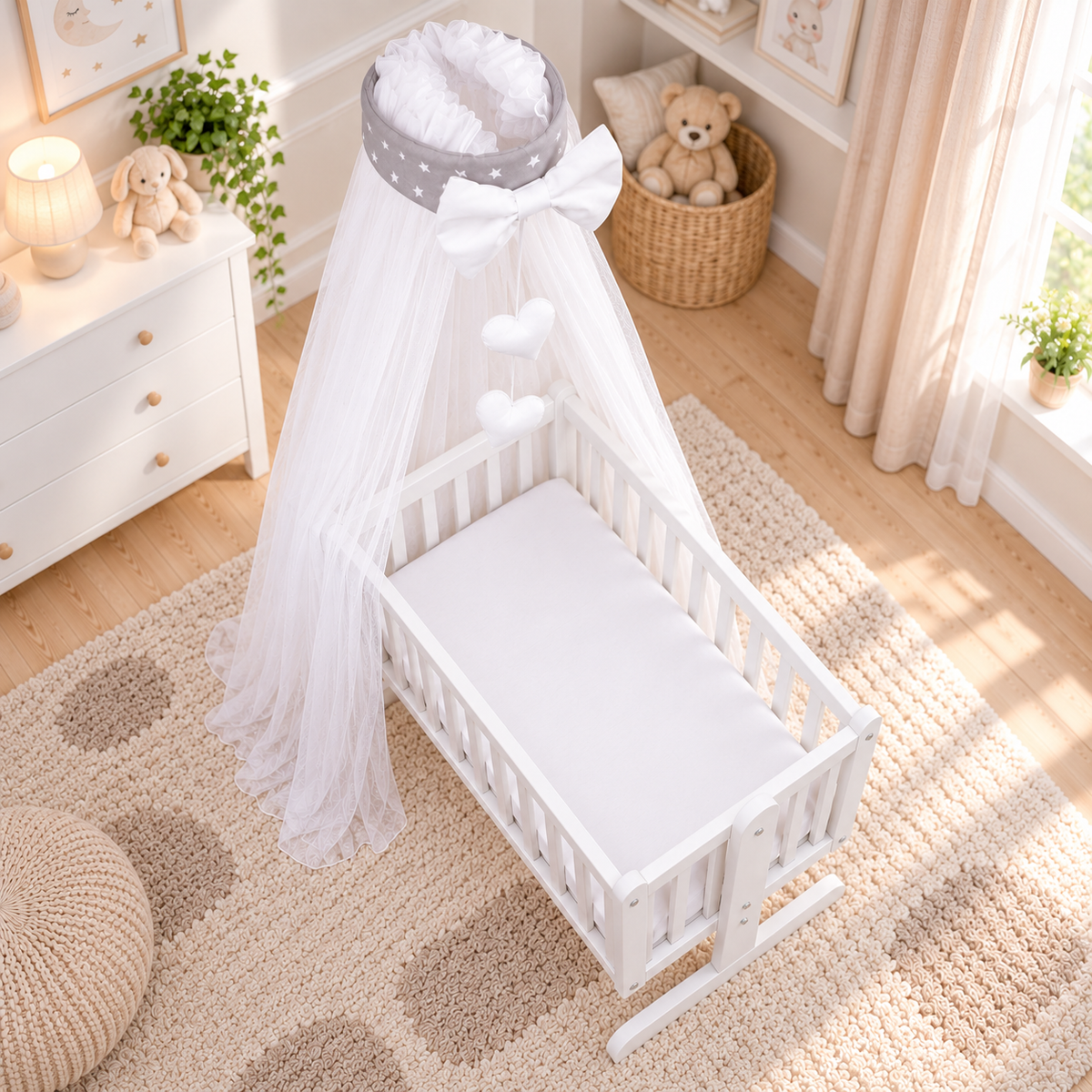 Baby Crib Canopy Mosquito Net with Holder, Decorative Bow & Hanging Hearts – mall white stars on grey