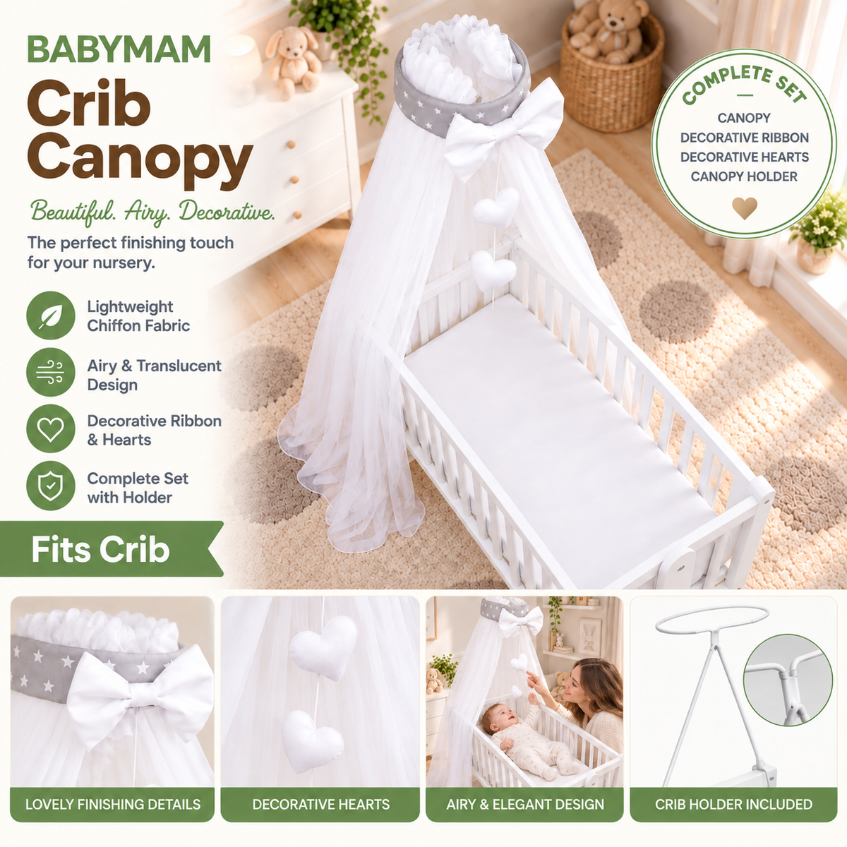 Baby Crib Canopy Mosquito Net with Holder, Decorative Bow & Hanging Hearts – mall white stars on grey