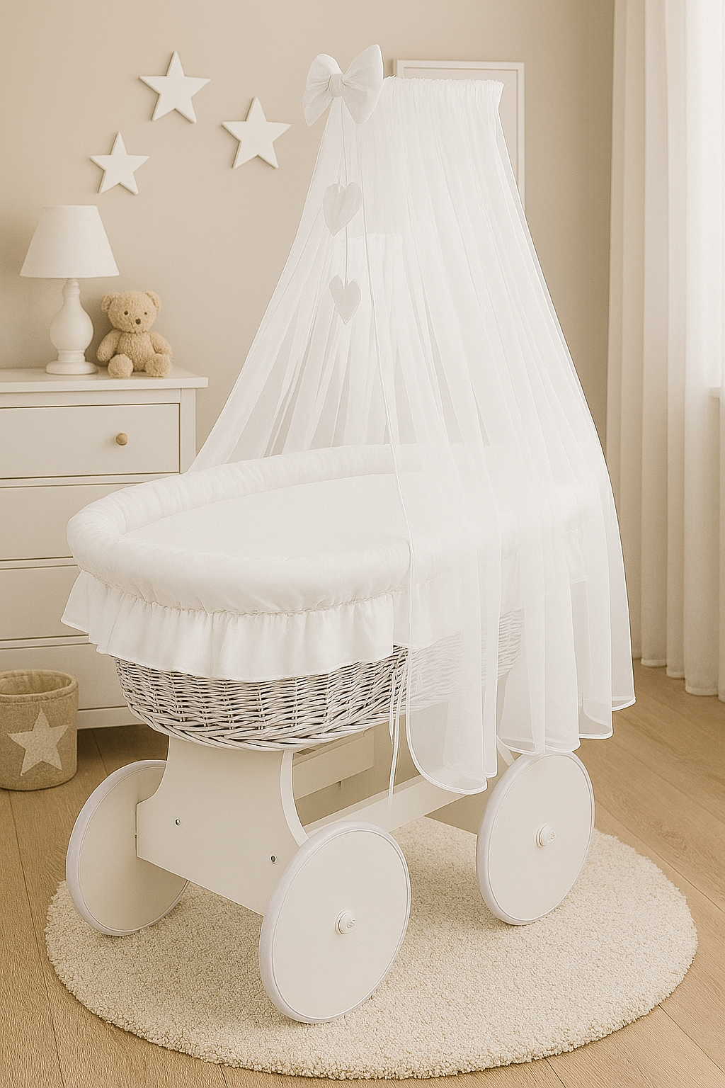 White Wicker Wheels Moses Basket +Full Bedding Set White Cotton