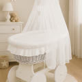 White Wicker Wheels Moses Basket +Full Bedding Set White Cotton