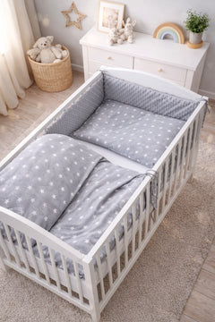 Baby 3Pc Dimple Bedding Set Pillowcase Duvet cover Bumper Fit Cotbed 140x70cm Dimple Grey/ Small White Stars On Grey - MyHappy Baby