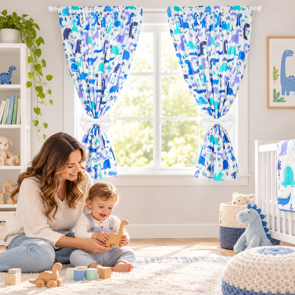 Nursery Curtains for Babies & Toddler's Bedroom Dino blue