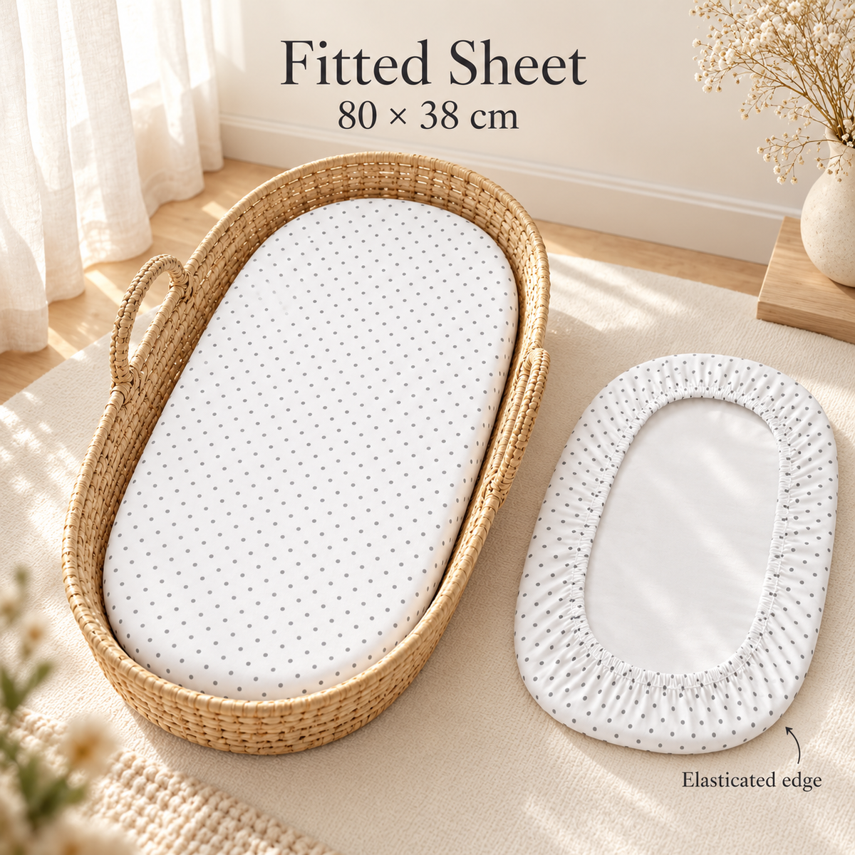 80x38cm Fitted Sheet for Baby Moses Basket Pram 100% Cotton Small grey dots