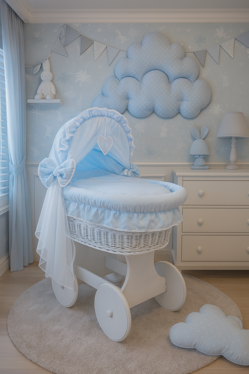 White Wicker Wheels Crib/Baby Moses Basket + Complete Bedding Blue/Cotton - MyHappy Baby