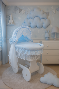 White Wicker Wheels Crib/Baby Moses Basket + Complete Bedding Blue/Cotton - MyHappy Baby