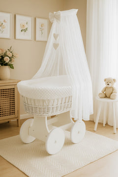 White Wicker Moses Basket with Wheels & White Dimple Bedding Set - MyHappy Baby