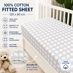 Baby Fitted Cot Sheet Printed Design 100% Cotton Mattress 120X60 cm Elephants Grey - MyHappy Baby