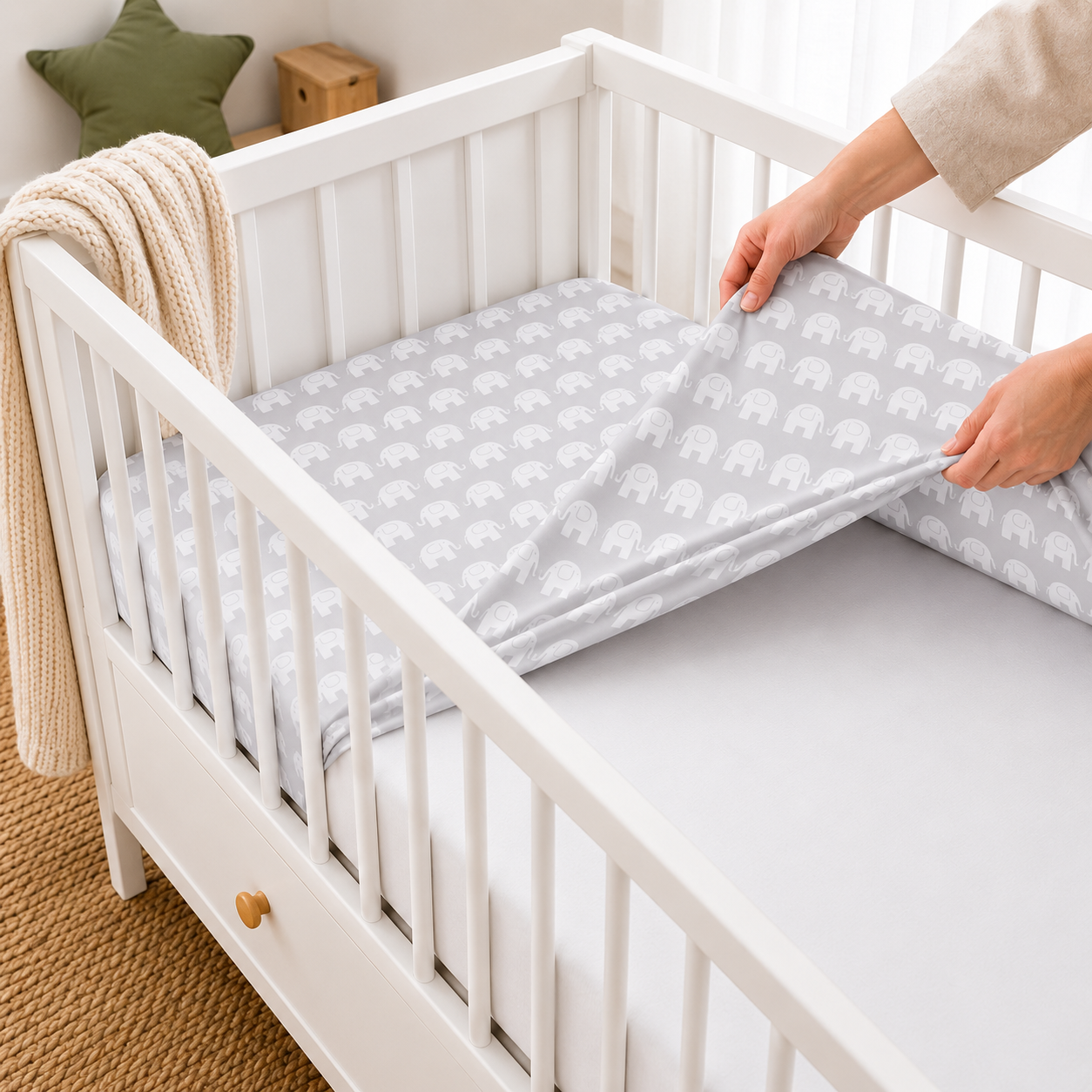 Baby Fitted Cot Sheet Printed Design 100% Cotton Mattress 120X60 cm Elephants Grey - MyHappy Baby