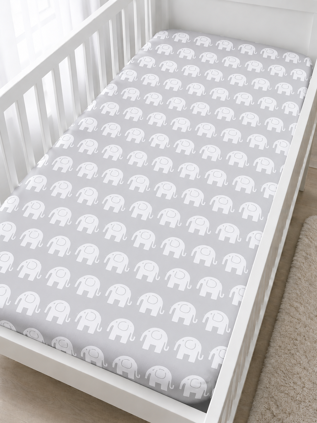 Baby Fitted Cot Sheet Printed Design 100% Cotton Mattress 120X60 cm Elephants Grey - MyHappy Baby