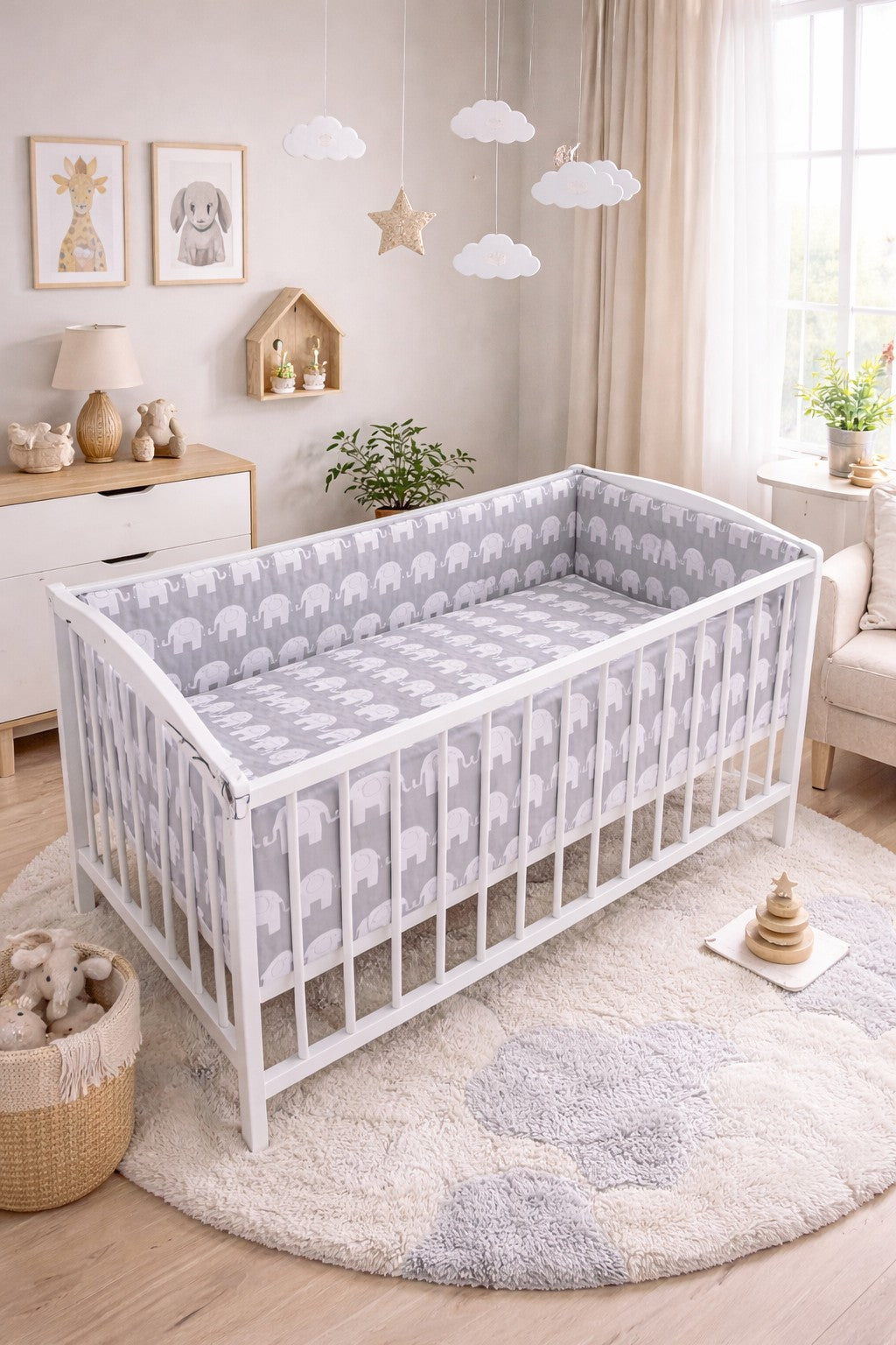 Baby 3Pc Bedding Set All-round Straight Cot Liner Fit Cot 120x60cm Elephants Grey