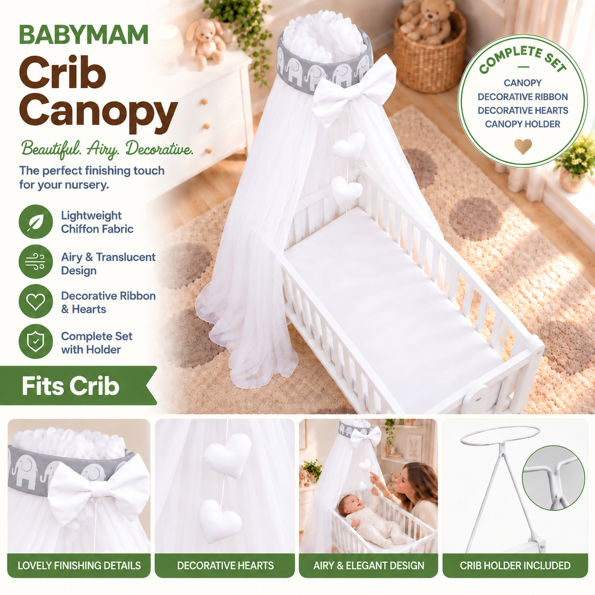 Baby Crib Canopy Mosquito Net with Holder, Decorative Bow & Hanging Hearts – Elephants on grey