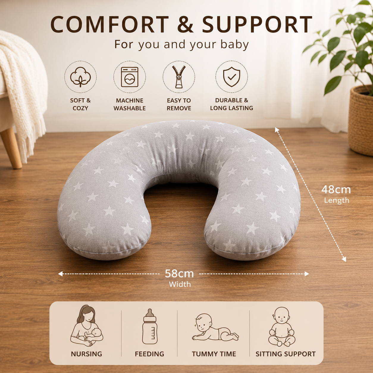 Baby Feeding Pillow + Removable Cover Small White Stars with Grey - MyHappy Baby