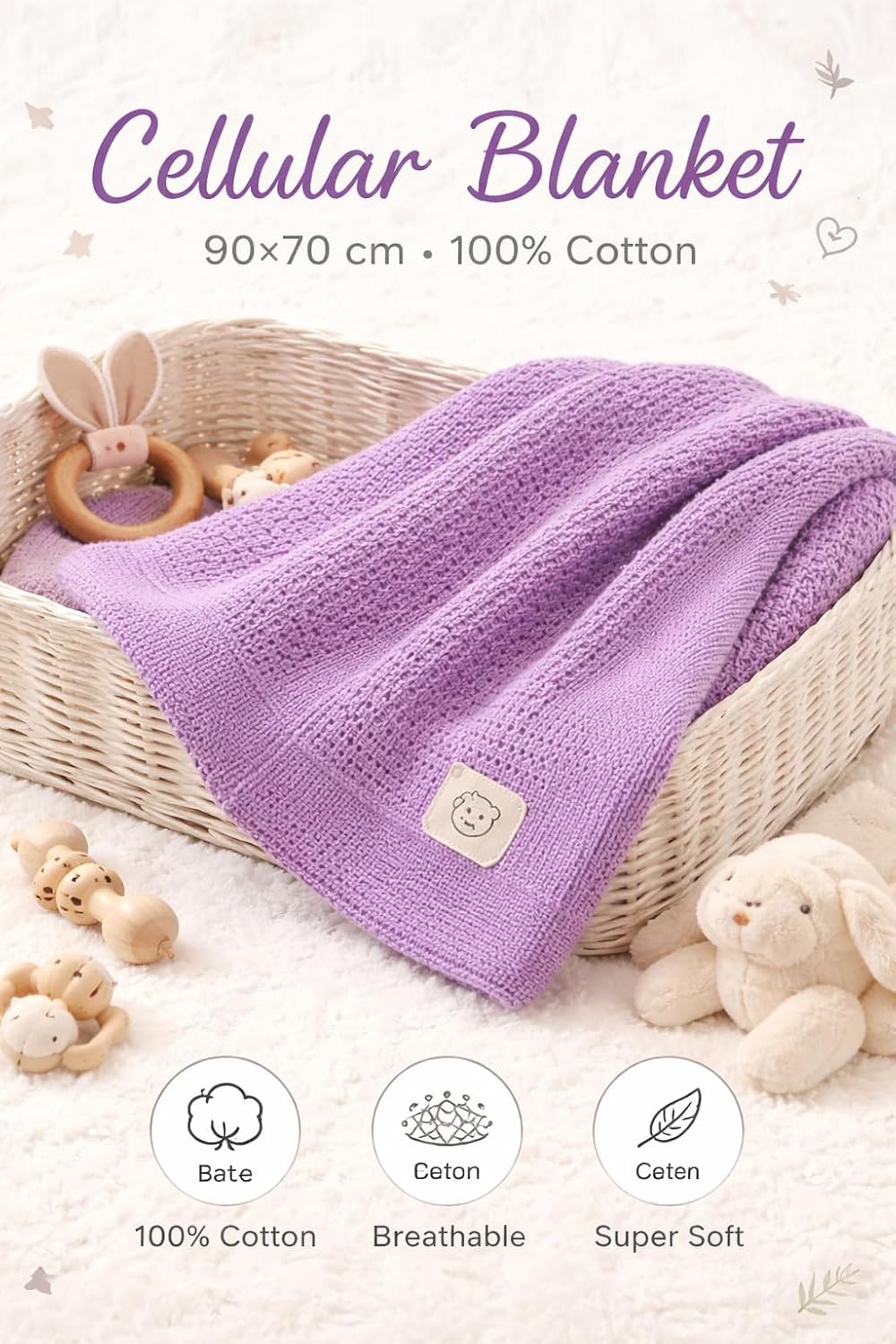 Cellular Baby Blanket 90x70 cm, Safe Nights, Organic 100% Cotton, Pack of 2, Breathable Newborn Blanket, Soft Nursery, Baby Bedding (Purple)