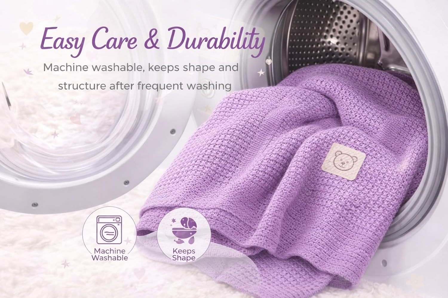 Cellular Baby Blanket 90x70 cm, Safe Nights, Organic 100% Cotton, Pack of 2, Breathable Newborn Blanket, Soft Nursery, Baby Bedding (Purple)