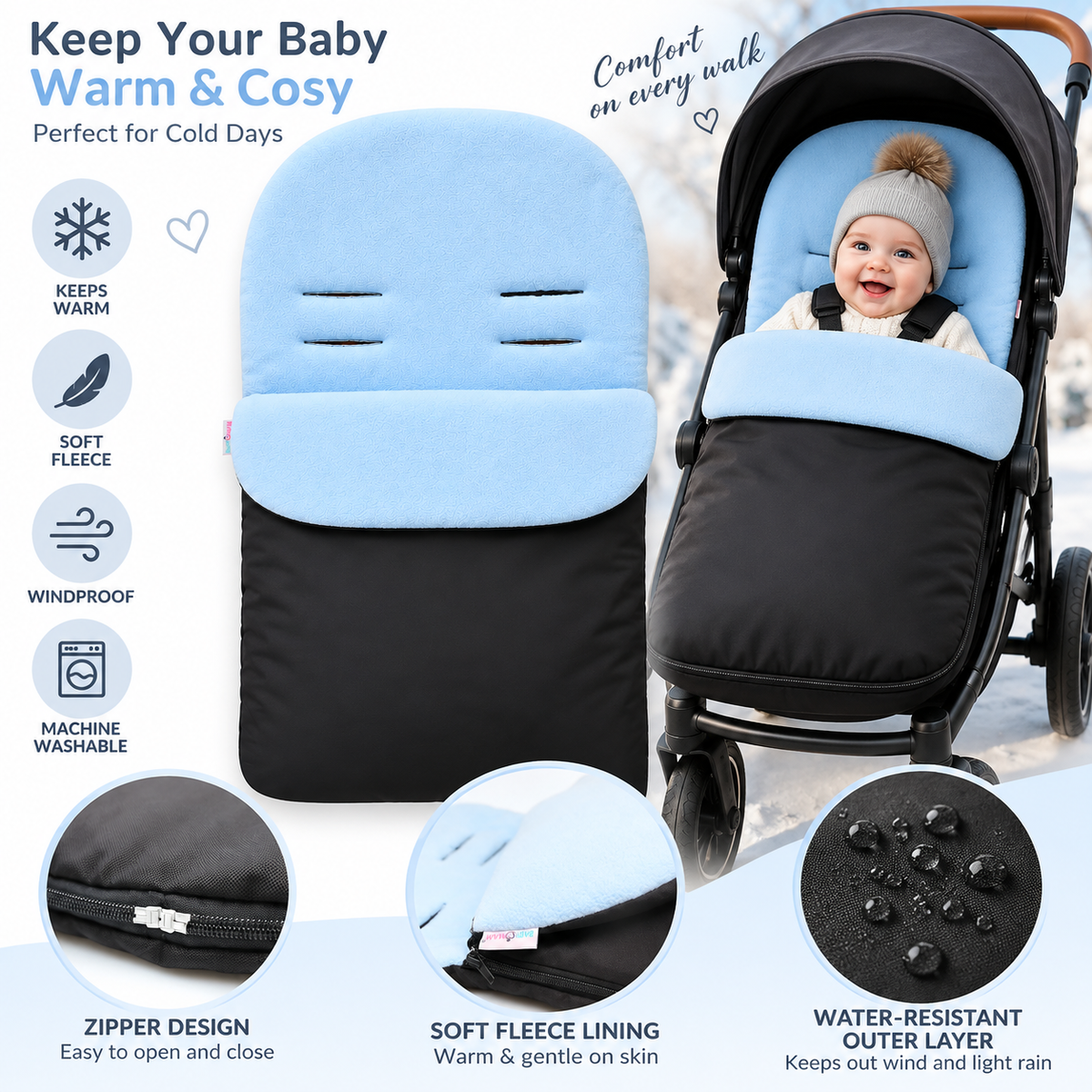 Universal Baby Footmuff for Pushchair & Stroller – Warm Fleece Lining, Water-Resistant, 2-in-1 Cosy Toes (Light Blue)