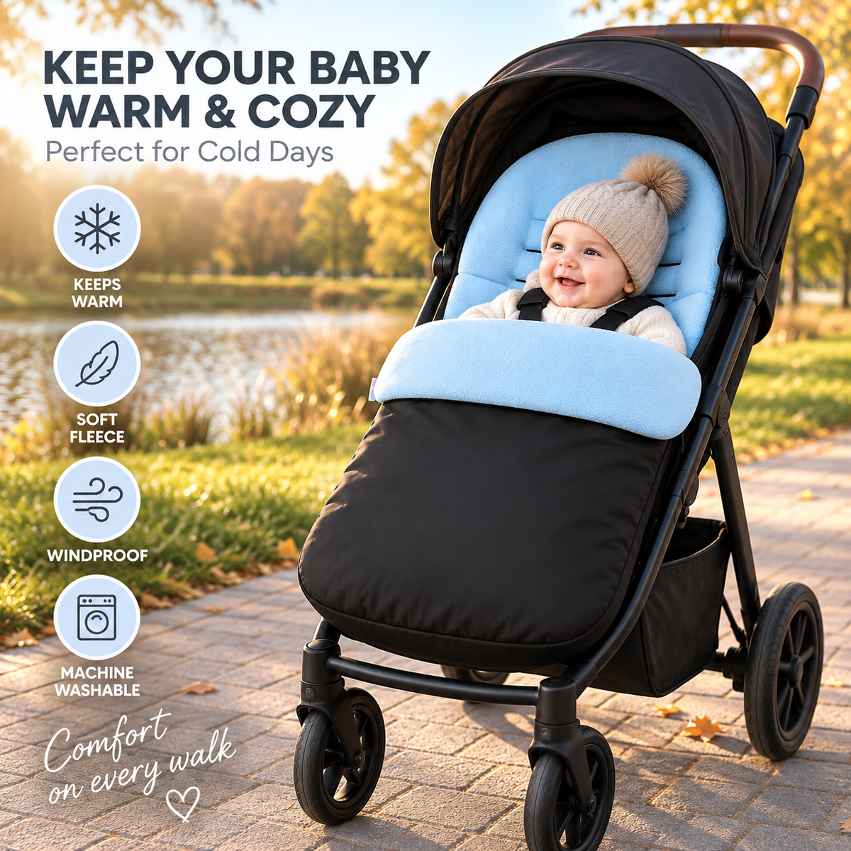 Universal Baby Footmuff for Pushchair & Stroller – Warm Fleece Lining, Water-Resistant, 2-in-1 Cosy Toes (Light Blue)