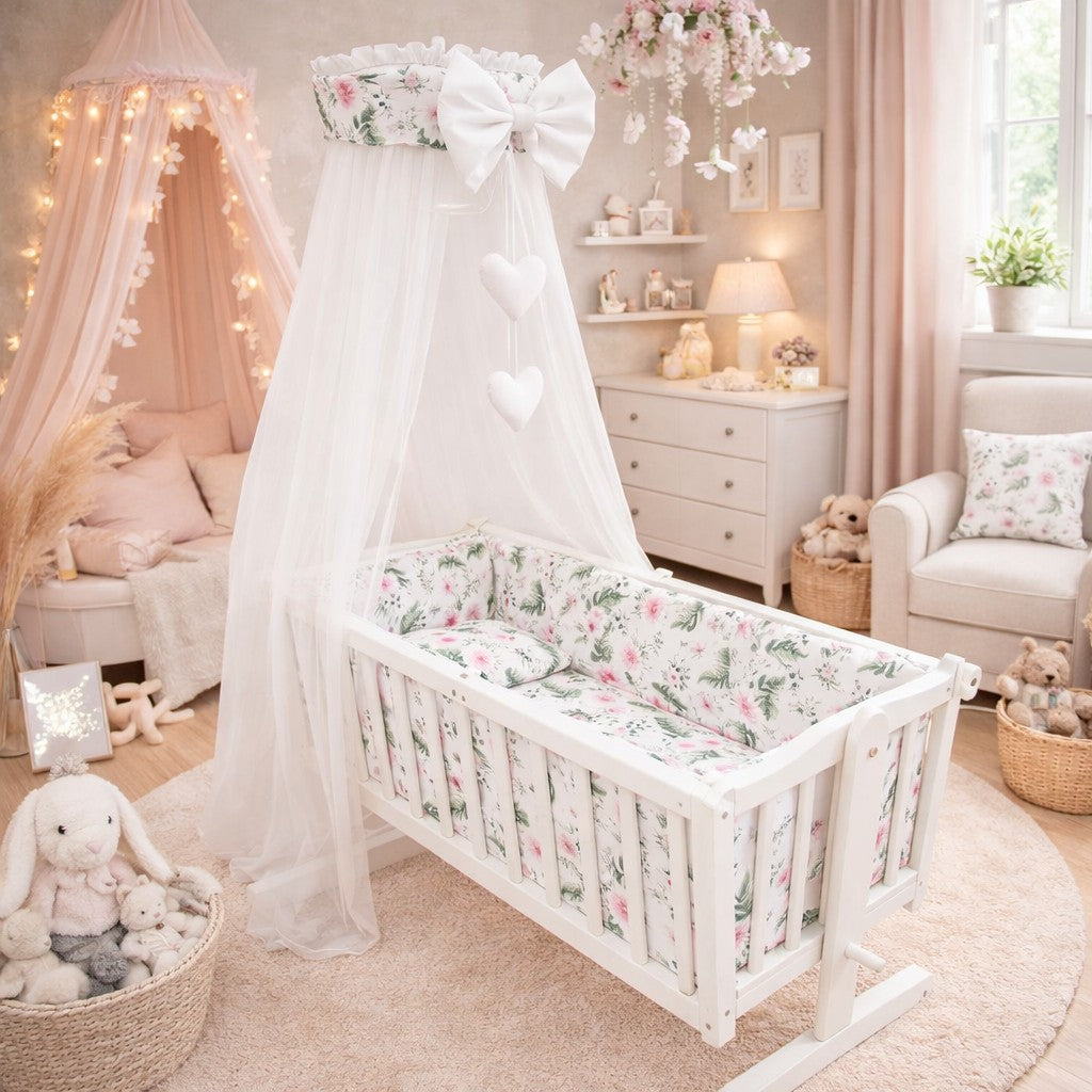 Baby Cot Bedding Set - 10 Piece Including Cot Bumper, Pillow, Duvet and Canopy to Fit 90x40cm Crib Garden Flowers - 100% Cotton - MyHappy Baby