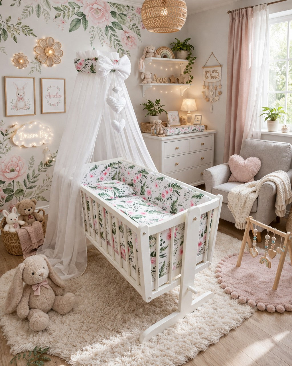 Baby Cot Bedding Set - 10 Piece Including Cot Bumper, Pillow, Duvet and Canopy to Fit 90x40cm Crib Garden Flowers - 100% Cotton - MyHappy Baby
