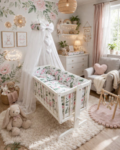 Baby Cot Bedding Set - 10 Piece Including Cot Bumper, Pillow, Duvet and Canopy to Fit 90x40cm Crib Garden Flowers - 100% Cotton - MyHappy Baby