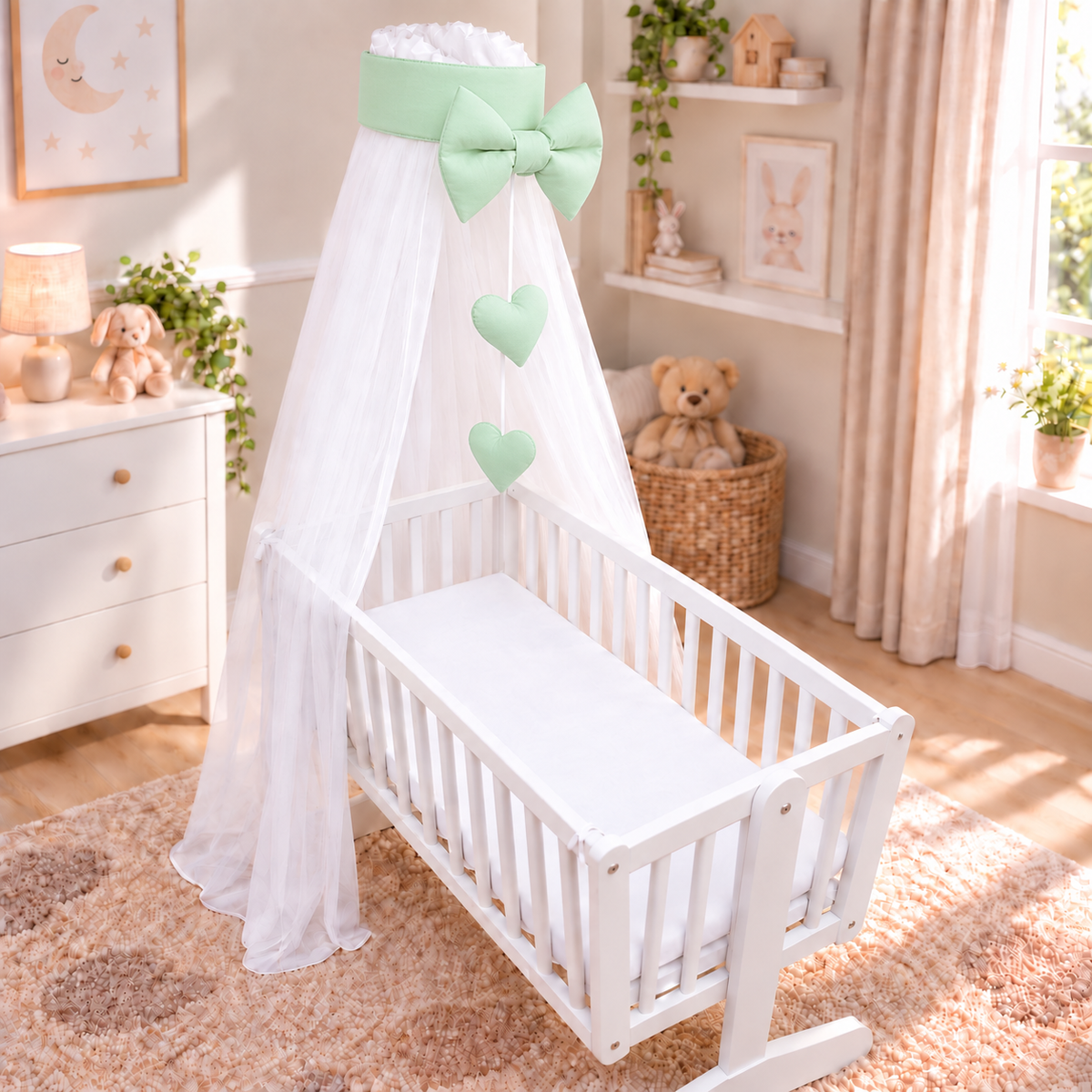 Baby Crib Canopy Mosquito Net with Holder, Decorative Bow & Hanging Hearts – Green