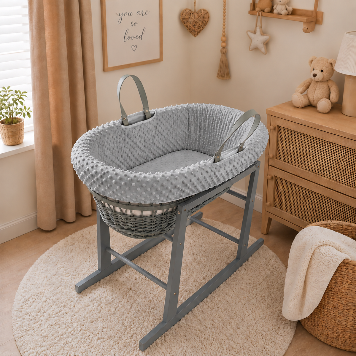 Grey Wicker Moses Basket with Rocking Stand Complete 5-Piece Set (Grey)