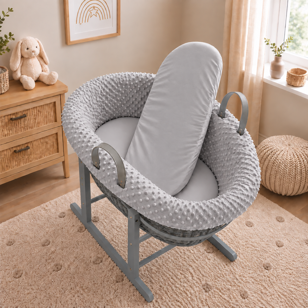 Grey Wicker Moses Basket with Rocking Stand Complete 5-Piece Set (Grey)