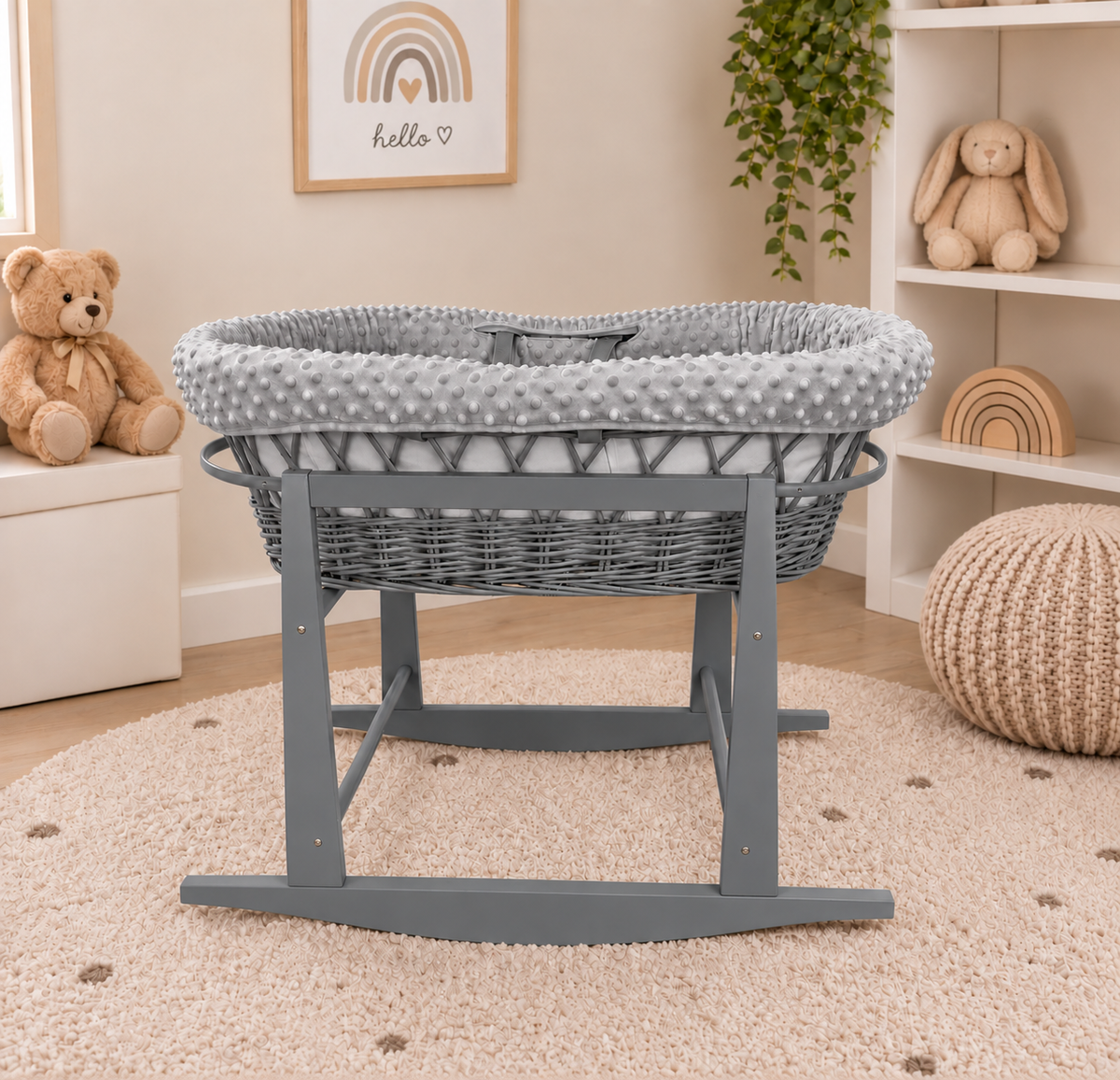 Grey Wicker Moses Basket with Rocking Stand Complete 5-Piece Set (Grey)