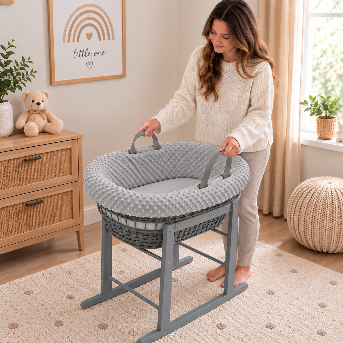 Grey Wicker Moses Basket with Rocking Stand Complete 5-Piece Set (Grey)