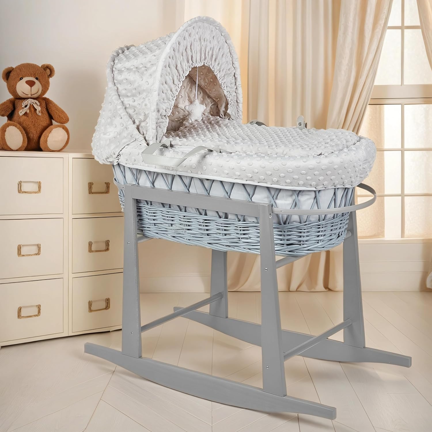 Luxury Moses Basket Padded Wicker Baby Full Set Rocking  Grey Handle/Grey