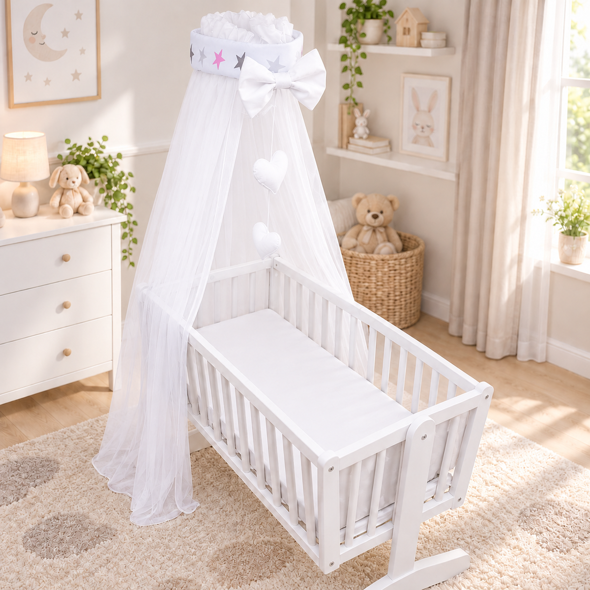 Baby Crib Canopy Mosquito Net with Holder, Decorative Bow & Hanging Hearts – Grey Pink Stars