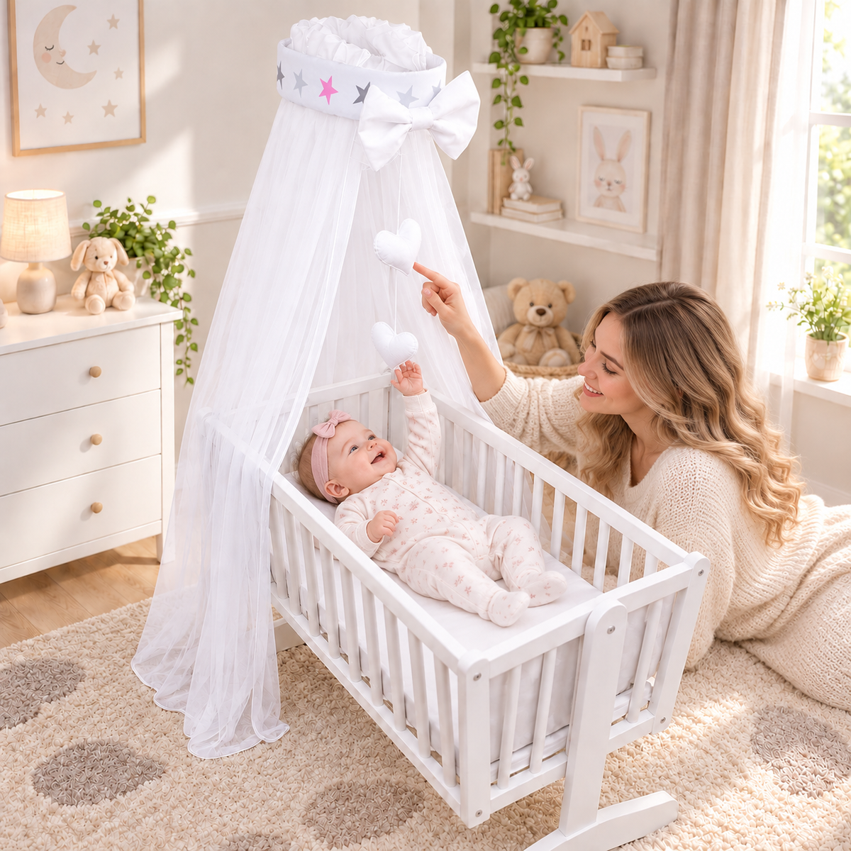 Baby Crib Canopy Mosquito Net with Holder, Decorative Bow & Hanging Hearts – Grey Pink Stars