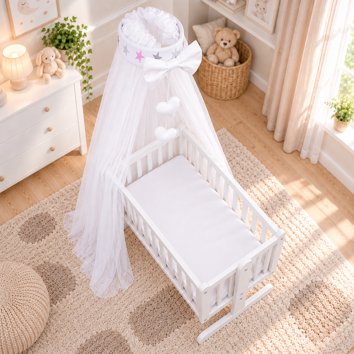 Baby Crib Canopy Mosquito Net with Holder, Decorative Bow & Hanging Hearts – Grey Pink Stars