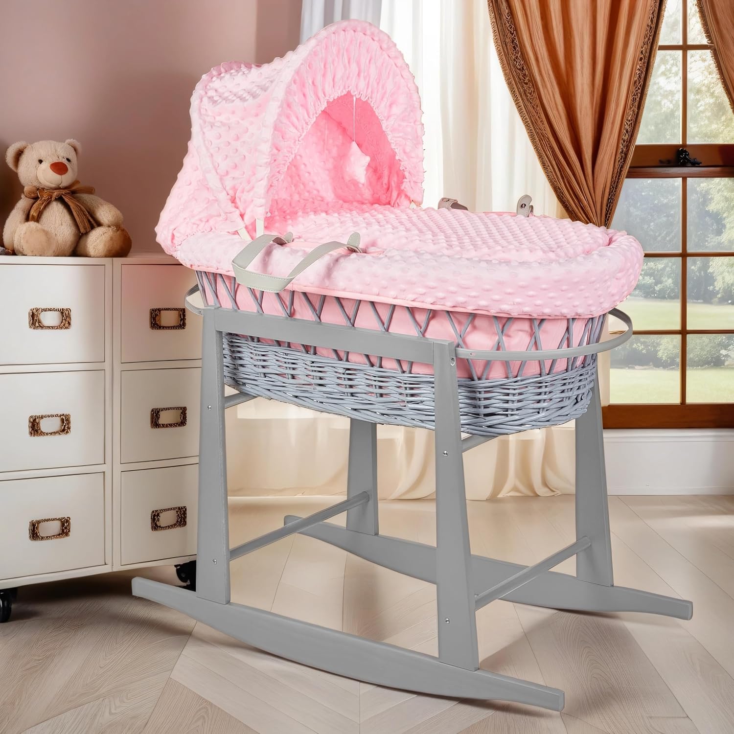 Luxury Moses Basket Padded Wicker Baby Full Set Rocking Stand Grey Handle/Pink
