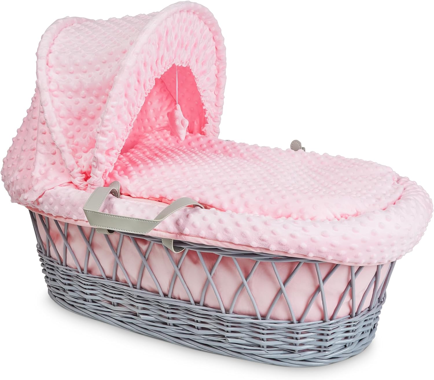 Luxury Moses Basket Padded Wicker Baby Full Set Rocking Stand Grey Handle/Pink