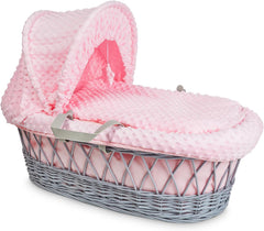 Luxury Moses Basket Padded Wicker Baby Full Set Rocking Stand Grey Handle/Pink - MyHappy Baby