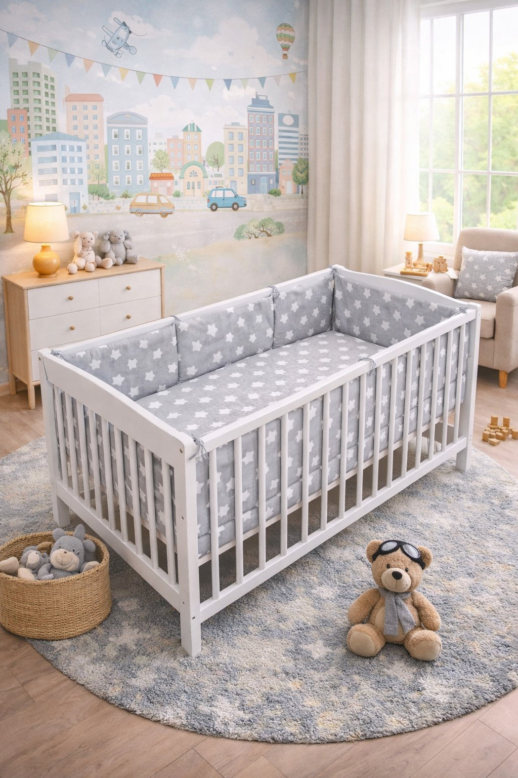 Baby Bedding Set 120x60cm 6pc All-round Bumper Fit Cot 100% Cotton Big White On Grey