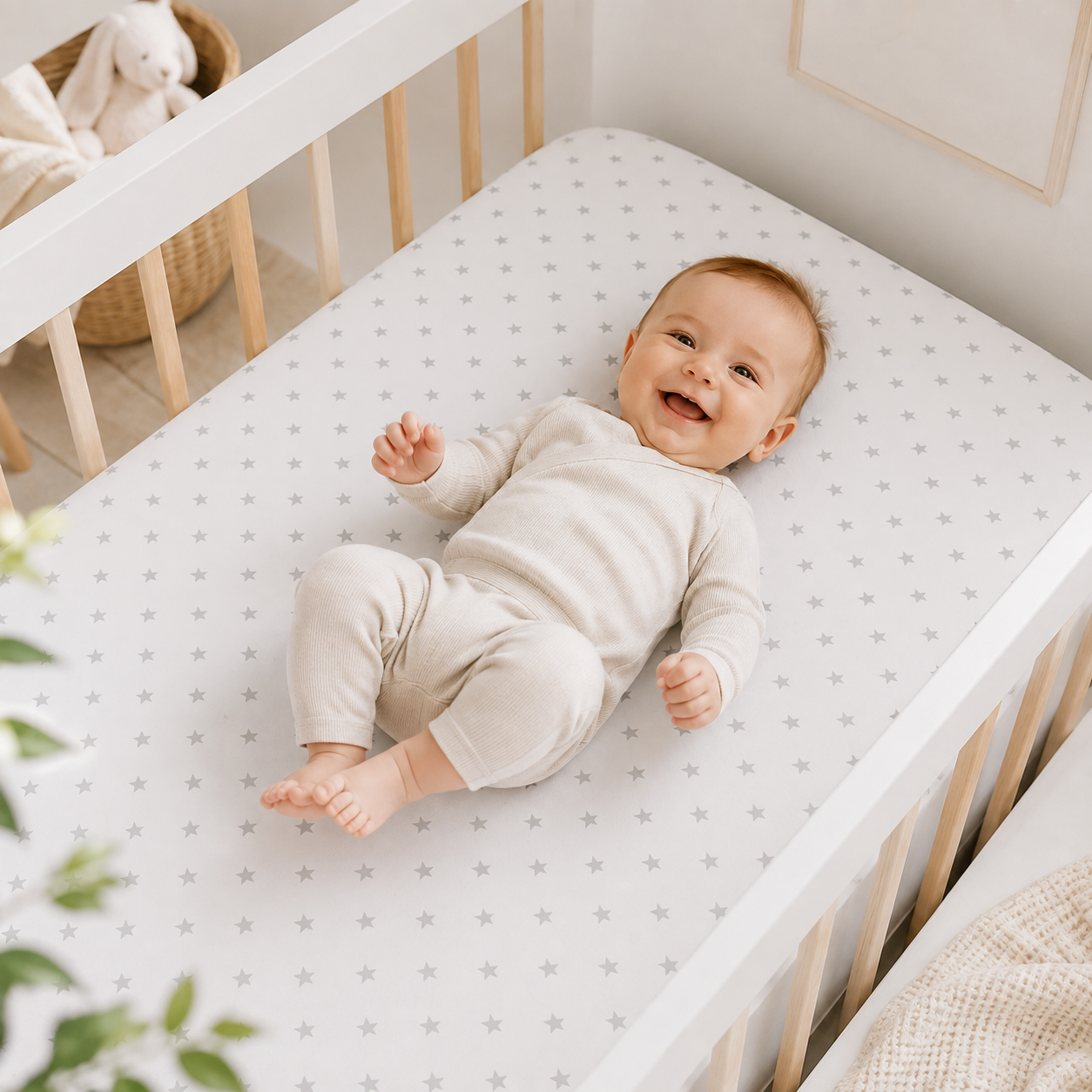 BABYMAM 4 Pack Cot Fitted Sheets 120x60 cm, 100% Organic Jersey Cotton Baby Cot Sheets, Soft Breathable Baby Bedding, Elasticated Mattress Covers (Small Stars with White)