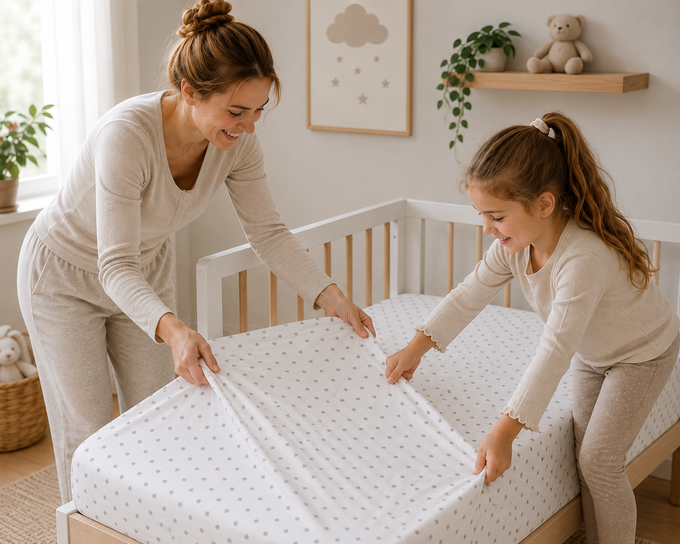 BABYMAM 4 Pack Cot Fitted Sheets 120x60 cm, 100% Organic Jersey Cotton Baby Cot Sheets, Soft Breathable Baby Bedding, Elasticated Mattress Covers (Small Stars with White)