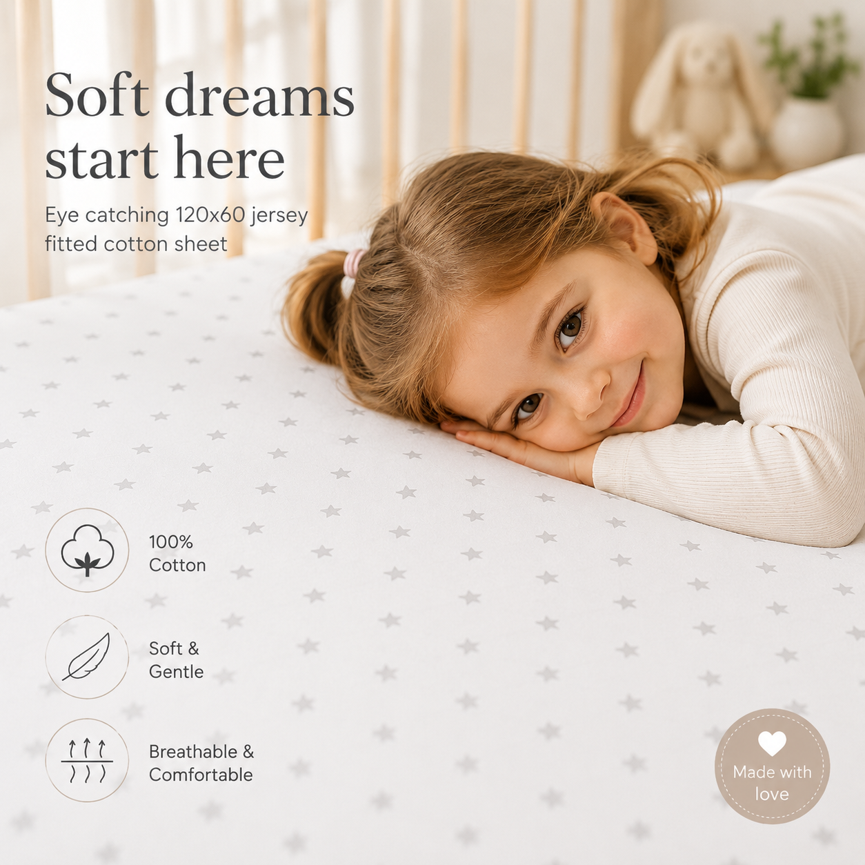 BABYMAM 4 Pack Cot Fitted Sheets 120x60 cm, 100% Organic Jersey Cotton Baby Cot Sheets, Soft Breathable Baby Bedding, Elasticated Mattress Covers (Small Stars with White)