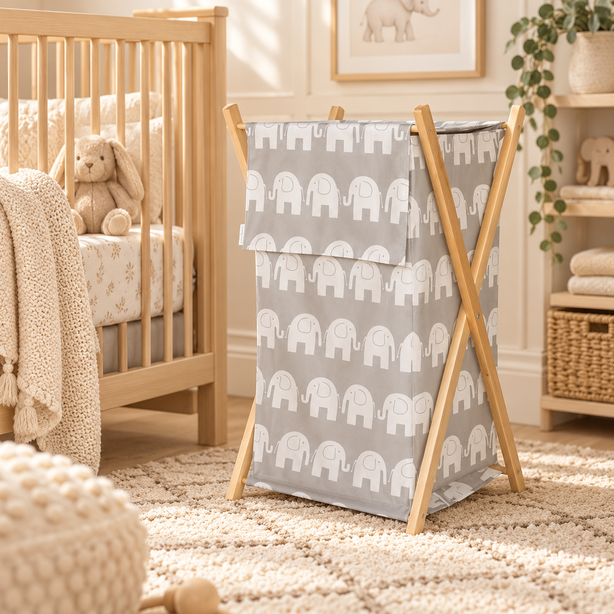 Wooden frame laundry basket with removable linen Elephants grey