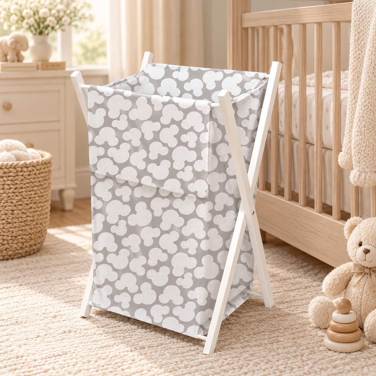 Laundry Basket with white wooden frame and storage removable linen Mouse Grey
