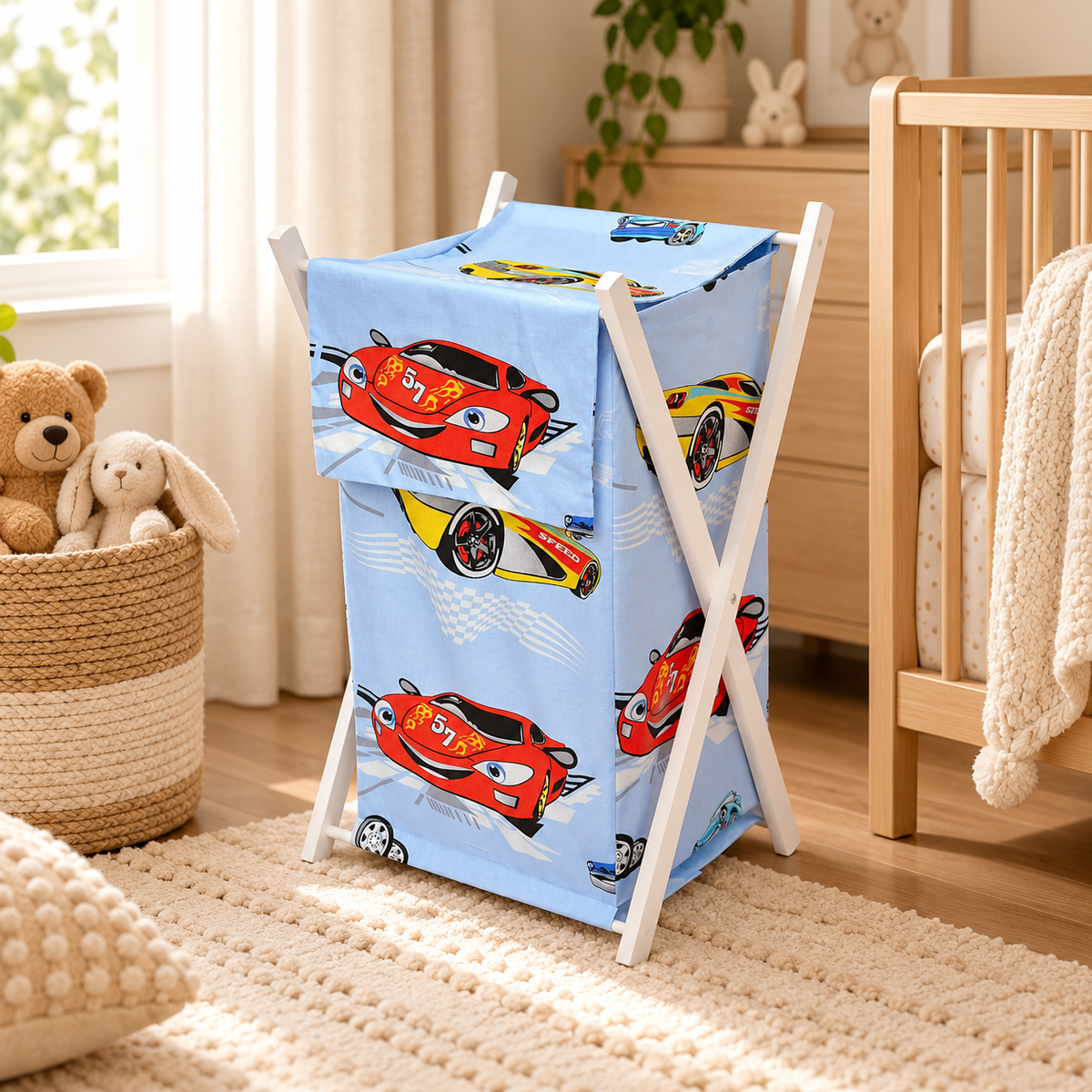 Laundry Basket with white wooden frame and storage removable linen Cars