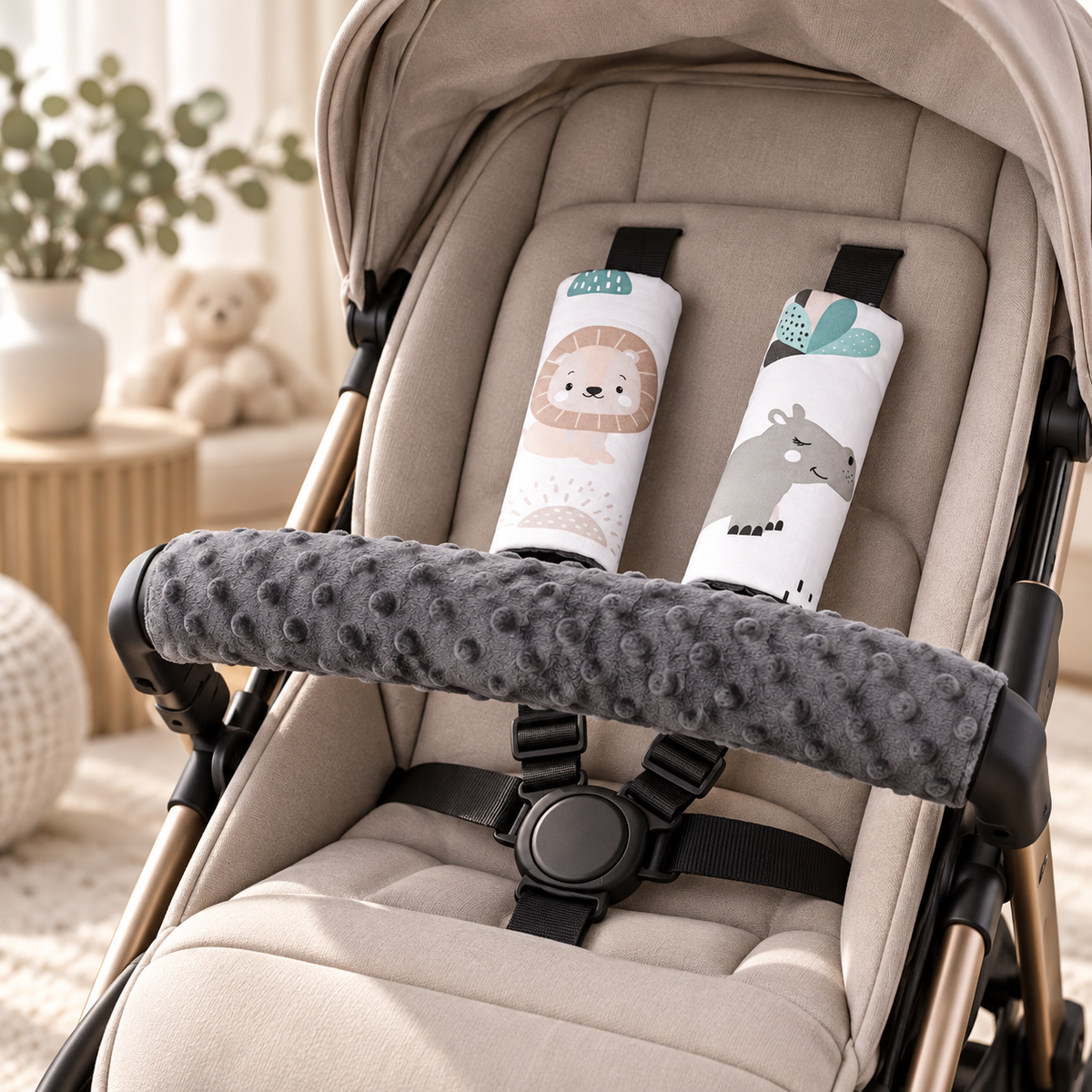 3 Piece Soft Padded Reversible Pushchair Stroller Strap Pads & Bumper Bar Cover Set – Graphite/On Safari