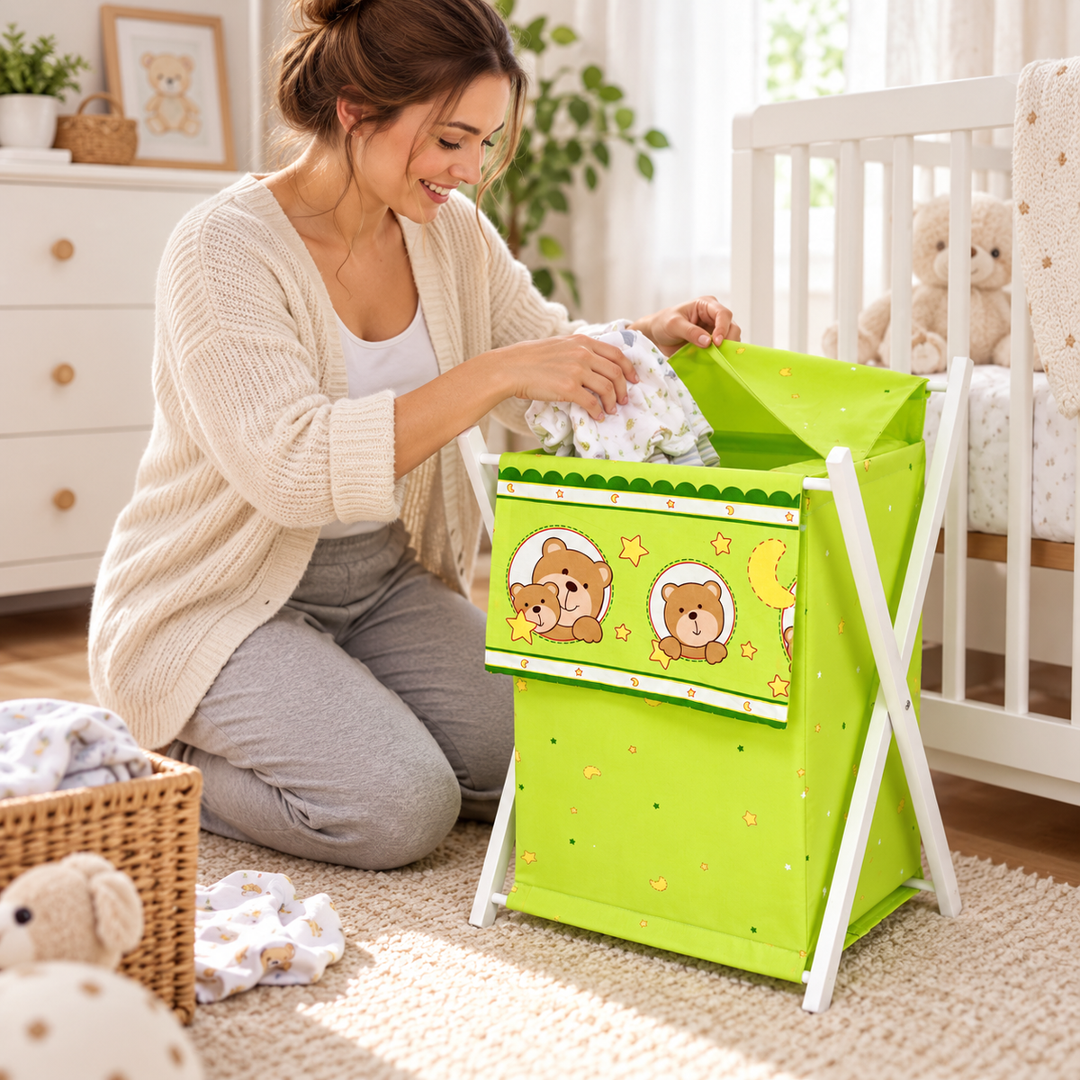 Laundry Basket with white wooden frame and storage removable linen Window Green