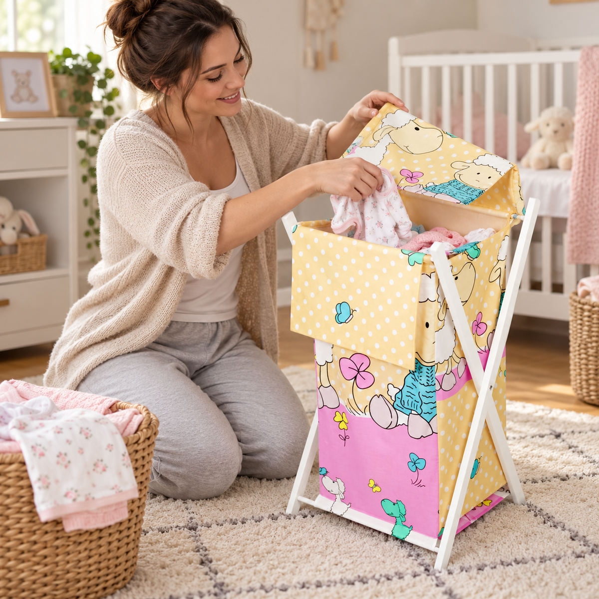 Laundry Basket with white wooden frame and storage removable linen Sheep Eqru