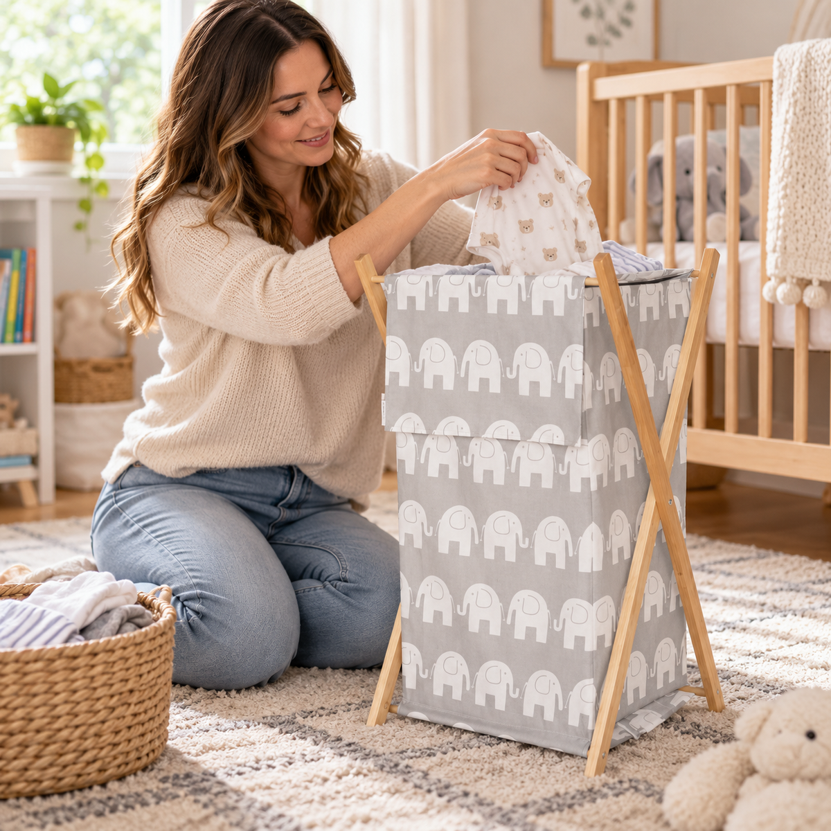 Wooden frame laundry basket with removable linen Elephants grey