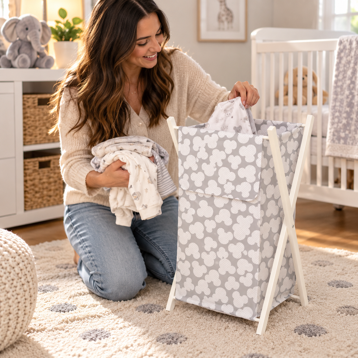 Laundry Basket with white wooden frame and storage removable linen Mouse Grey