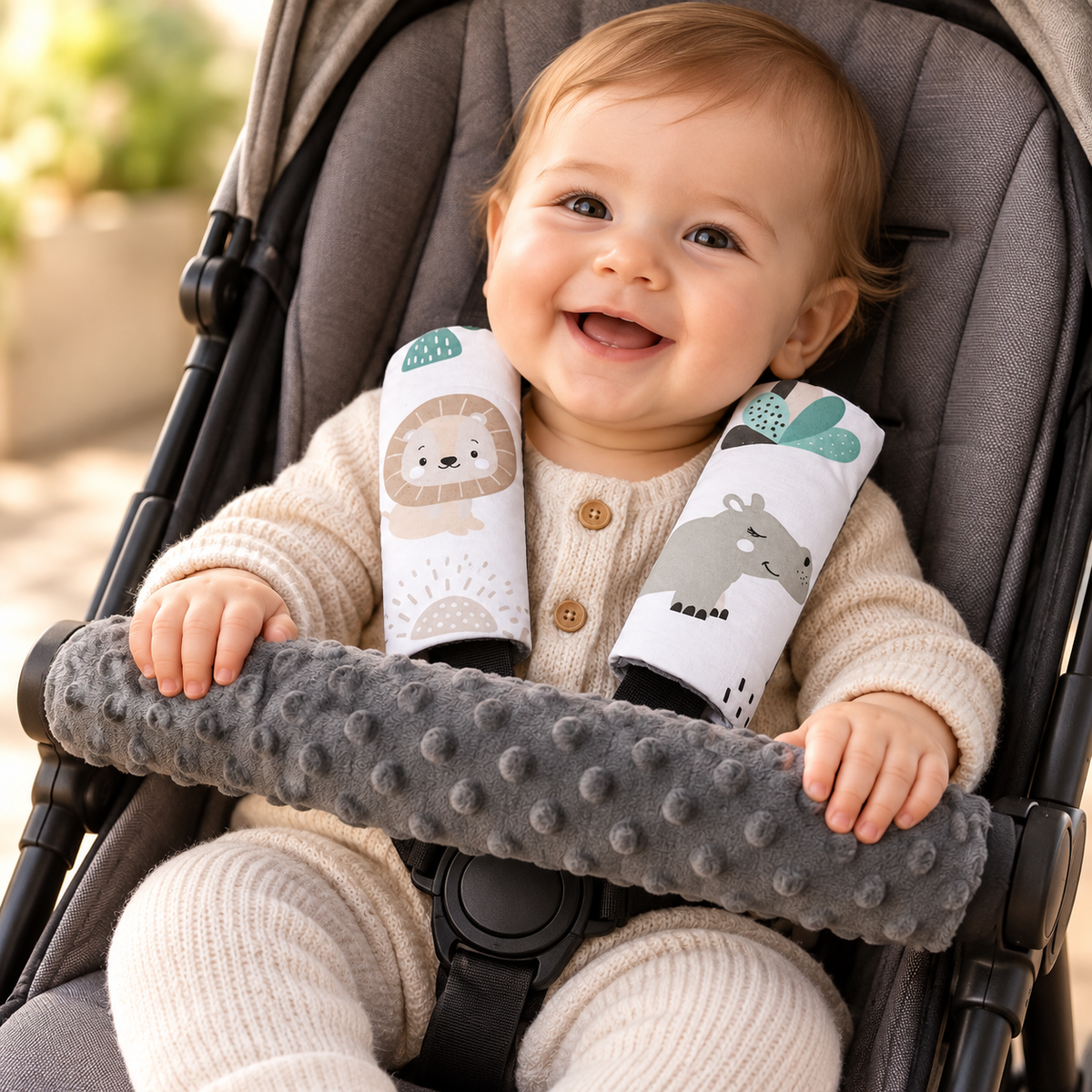 3 Piece Soft Padded Reversible Pushchair Stroller Strap Pads & Bumper Bar Cover Set – Graphite/On Safari