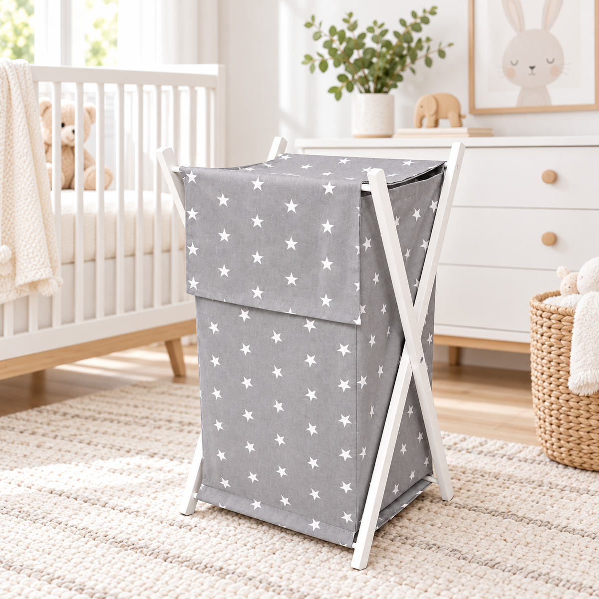 Laundry Basket with white wooden frame and storage removable linen SMALL WHITE STARS ON GREY