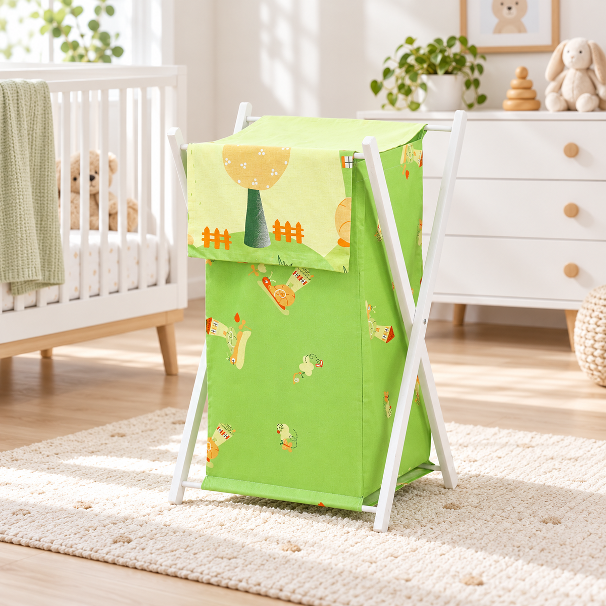Laundry Basket with white wooden frame and storage removable linen Green Snails